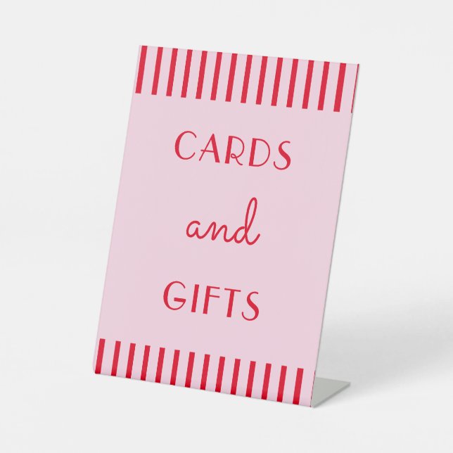 Retro Rote und rosa Streifen Karten und Geschenke Sockelschild (Vorderseite)