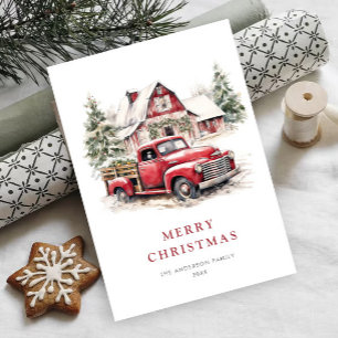 Retro-Roter-Bauernhof-LKW-Weihnachtsbaum-Gruß Feiertagskarte