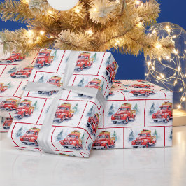 Retro roter LKW in Schneeflocken Geschenkpapier