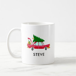 Retro rotes Auto mit einem Weihnachtsbaum Kaffeetasse