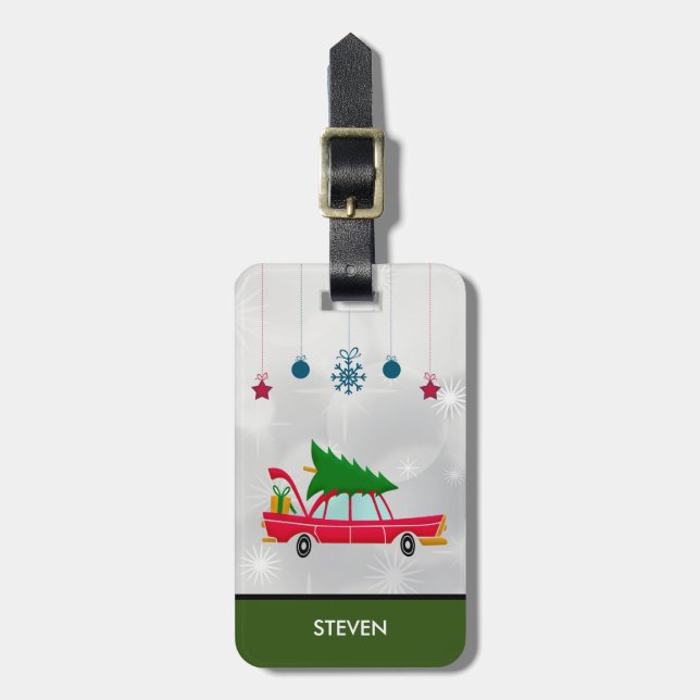 Retro-Rotes Auto mit Weihnachtsbaum Gepäckanhänger (Vorderseite vertikal)