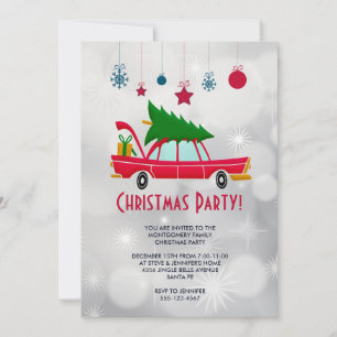 Retro-rotes Auto mit Weihnachtsbaum-Party Einladung