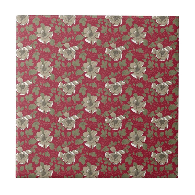 Retro rotes Blumen Fliese (Vorderseite)