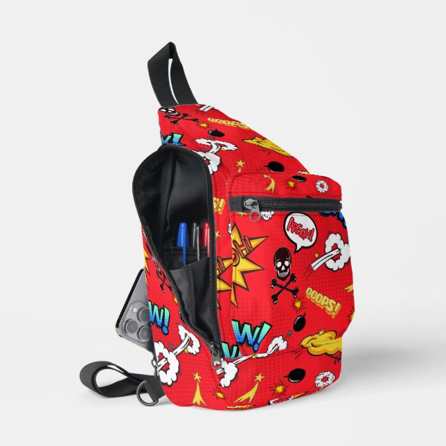 Retro-Rotes-Comic-Book-Pop-Art-Explosion-Muster Crossbody Bag (Offen)