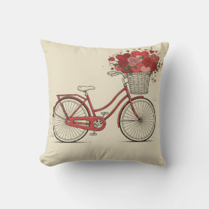 Retro-Rotes Fahrrad mit Rosen und Herzen Blumendek Kissen