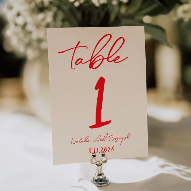Retro-Rotes Handgeschriebenes Hochzeitstisch Numme Einladung (Von Creator hochgeladen)