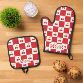 Retro Rotes Kirsch & Gingham Kariert Custom Mama Ofenhandschuh & Topflappen-Set