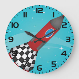 Retro rotes Raumschiff im galaktischen Weltraum Große Wanduhr