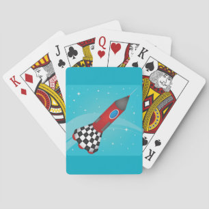 Retro rotes Raumschiff in der galaktischen Weltrau Spielkarten