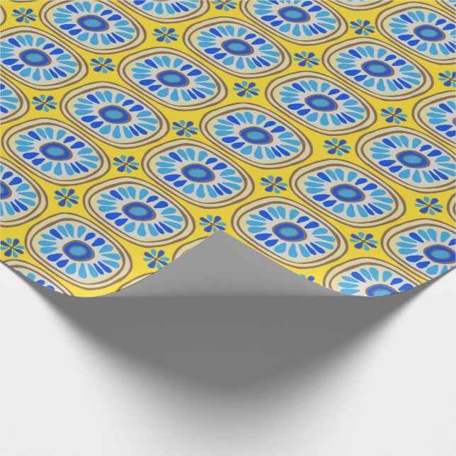 Retro Round Tiles Mexico Daisy Muster Gelb Farbe Geschenkpapier (Ecke)