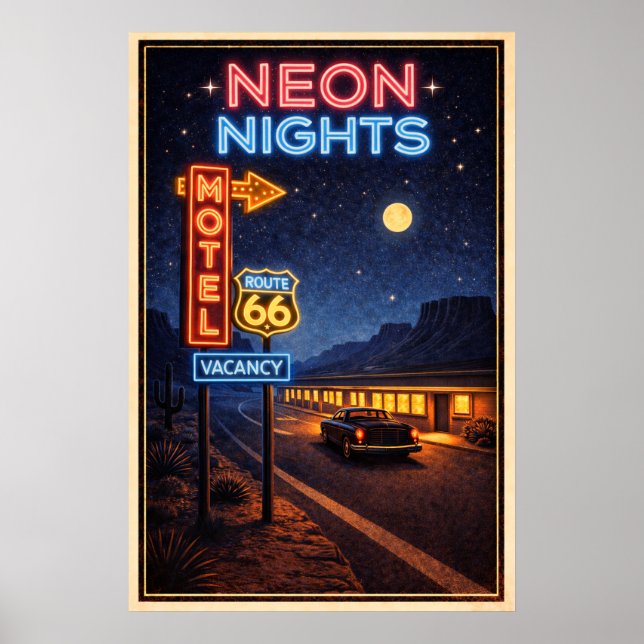 Retro Route 66 Neon-Nächte Kunst Poster (Vorne)