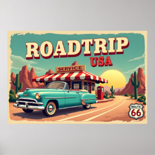 Retro Route 66 Road Trip - Lebhafte Landschaft Poster