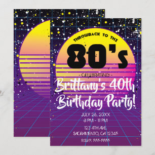 Retro Rückblick auf 80er Lila Gelbe Sonnenparty Einladung