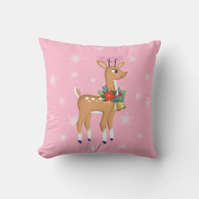 Retro Rudolph Reindeer Pink Throw Kissen (Vorderseite)