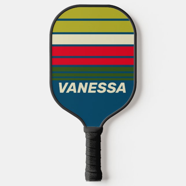 Retro Rugby Horizon Striping with Name Pickleball Schläger (Vorderseite)