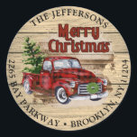 Retro Rustic Christmas Return Address Label Runder Aufkleber<br><div class="desc">Freuen Sie sich auf Ihre nahen und machen Sie die Feier unvergesslich mit dieser Sammlung: https://www.zazzle.com/collections/christmas_plaid_red_truck-119602872026909227?rf=238259176291992805 Für weitere Anpassungen klicken Sie bitte auf den Link "Weitere" und verwenden Sie unser Design-Tool,  um diese Vorlage zu modifizieren.</div>