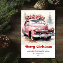 Retro rustic Christmas scene pink car greeting
