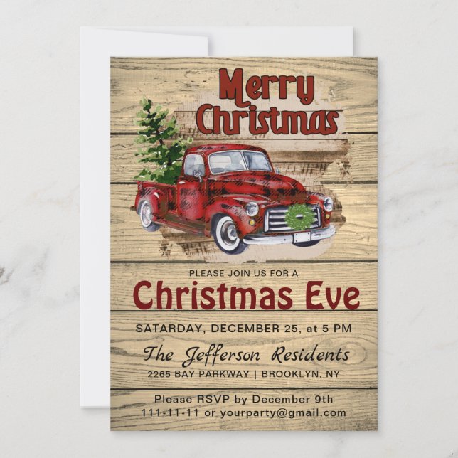 Retro Rustic Farm Red Truck Weihnachtsabend Party Einladung (Vorderseite)