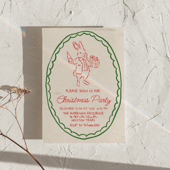 Retro Rustic Hand Drawing Red Christmas Rabbit Par Einladung (Von Creator hochgeladen)
