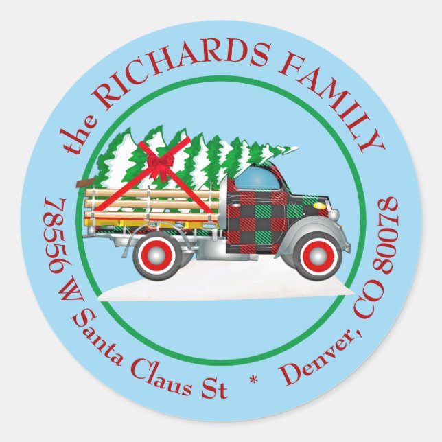Retro Rustic LKW Weihnachten Rücksendeadresse Runder Aufkleber (Vorderseite)