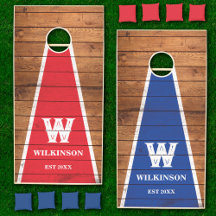 Retro Rustic Wood Red and Blue Family Monogram