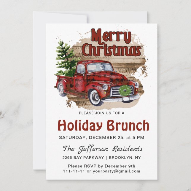 Retro Rustikales Weihnachtsfest Roter Lkw Urlaub B Einladung (Vorderseite)