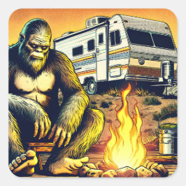 Retro RV Sasquatch Camping Quadratischer Aufkleber