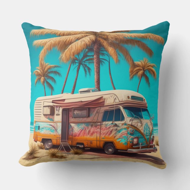 Retro RV und Palmen Kissen (Vorderseite)