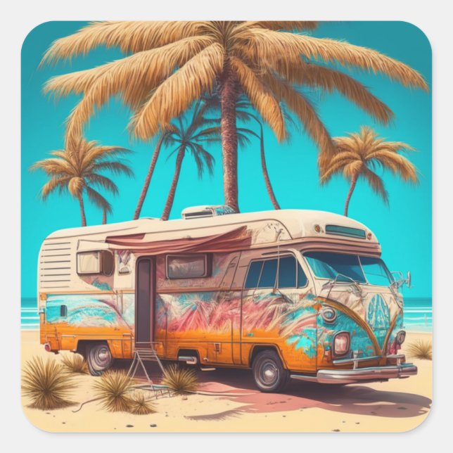 Retro RV und Palmen Quadratischer Aufkleber (Vorderseite)