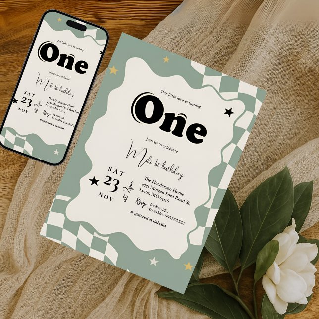 Retro Sage Green Checkered Groovy One 1st Birthday Einladung (Von Creator hochgeladen)