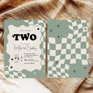 Retro Sage Green Checkered Groovy Two 2nd Birthday Einladung