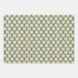Retro Sage Green Daisies Blumenmuster Geschenkpapier Set