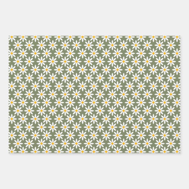 Retro Sage Green Daisies Blumenmuster Geschenkpapier Set (Vorderseite)