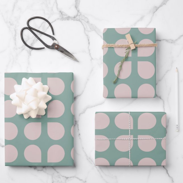 Retro Sage Pastel Mitte Jahrhundert Petals Muster Geschenkpapier Set (Vorderseite)