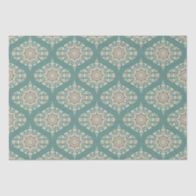 Retro Sage & Sand Verziert Mandala Ogee Damask Seidenpapier (Vorderseite)