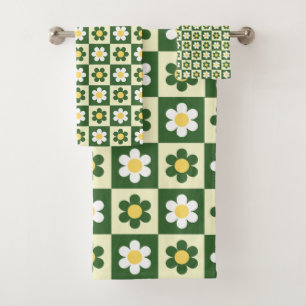 Retro Salbeigrün und Creme Gänseblümchen Karomuste Badhandtuch Set