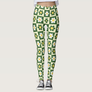 Retro Salbeigrün und Creme Gänseblümchen Karomuste Leggings