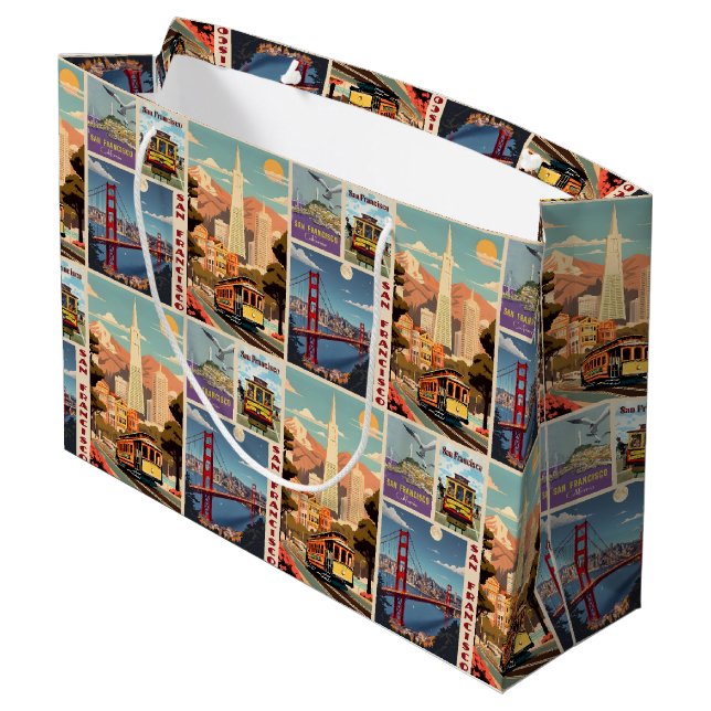 Retro San Francisco Patchwork Große Geschenktüte (Rückseite Schrägansicht)