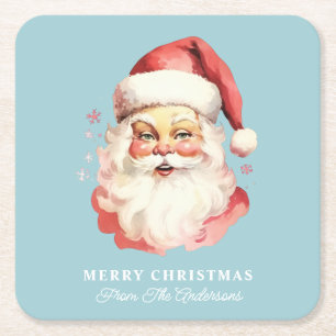 Retro Santa Blau Weihnachtsname personalisiert Rechteckiger Pappuntersetzer
