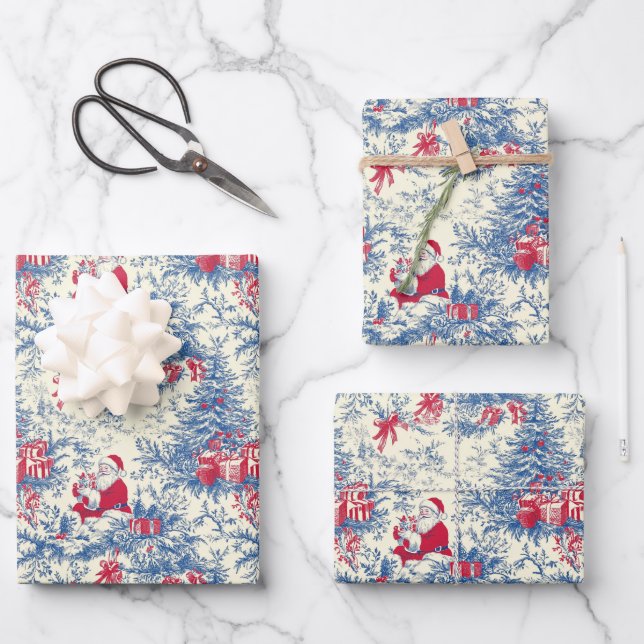 Retro Santa Blue & Red Christmas Tree Toile Wrap Geschenkpapier Set (Vorderseite)