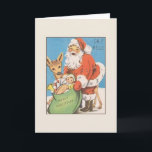 Retro Santa Christmas Grußkarte Feiertagskarte<br><div class="desc">Vintag / Retro Weihnachtsgrüße Karte. Der Weihnachtsmann mit einem niedlichen Rentier und einem Sack voller Spielzeuge! Oh! Hallo frohe Weihnachten!</div>