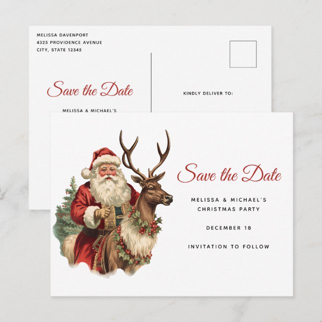 Retro Santa Classic Weihnachten Save the Date Einladungspostkarte (Vorne/Hinten)