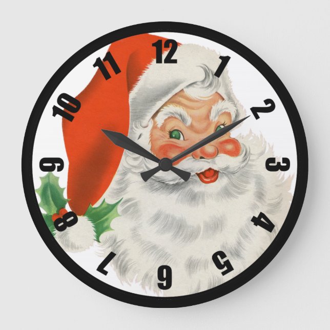 Retro Santa Claus and Holly Große Wanduhr (Vorderseite)
