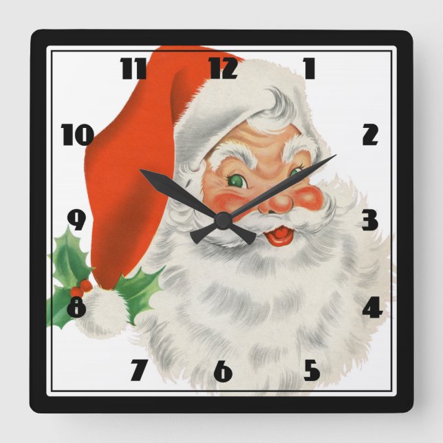 Retro Santa Claus and Holly Quadratische Wanduhr (Vorderseite)