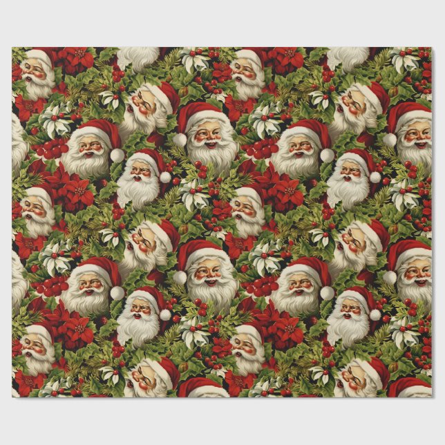Retro Santa Claus Faces und Holly Geschenkpapier (Flach)