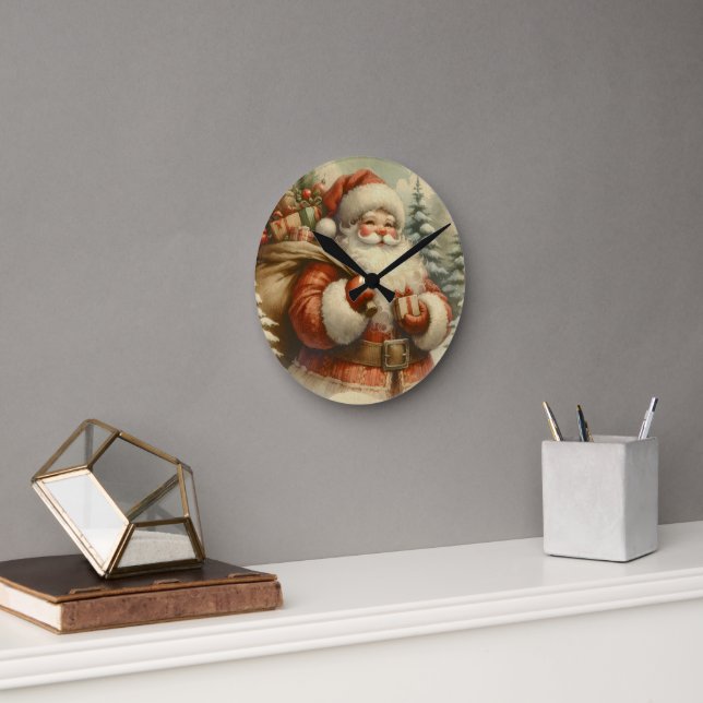 Retro Santa Claus Illustration Runde Wanduhr (Büro)