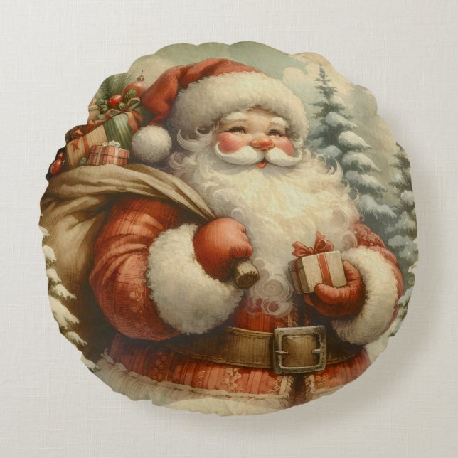 Retro Santa Claus Illustration Rundes Kissen (Vorderseite)