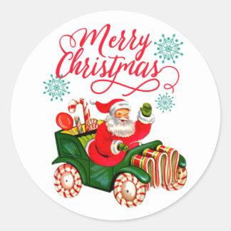 Retro Santa Claus in Candy Car Runder Aufkleber