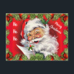 Retro Santa Claus Kinder Weihnachten Postkarte<br><div class="desc">Diese Vintage Postkarte im Retro-Stil wird Kinder begeistern, weil sie so niedlich ist. Shown ist ein fröhlicher Weihnachtsmann, der einen Bonbons hält, während er seine Liste , um die Namen der Kinder zu sehen, die unartig oder nett waren. Ich fügte den Text "ho ho ho" auf der links Seite der...</div>