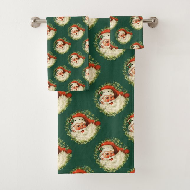 Retro Santa Claus Muster auf Grün Badhandtuch Set (Insitu)